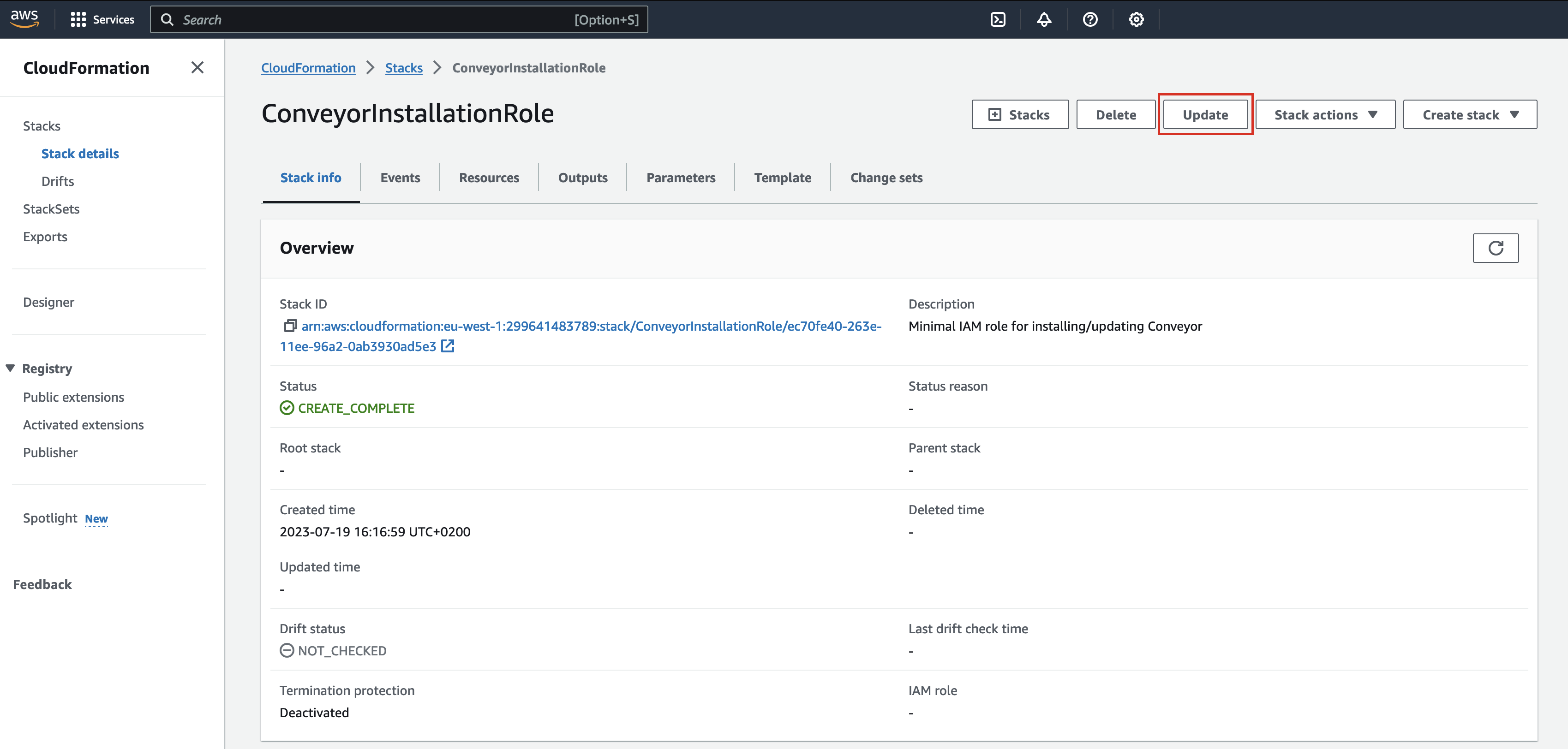 CloudFormation stack details for the Conveyor installation role