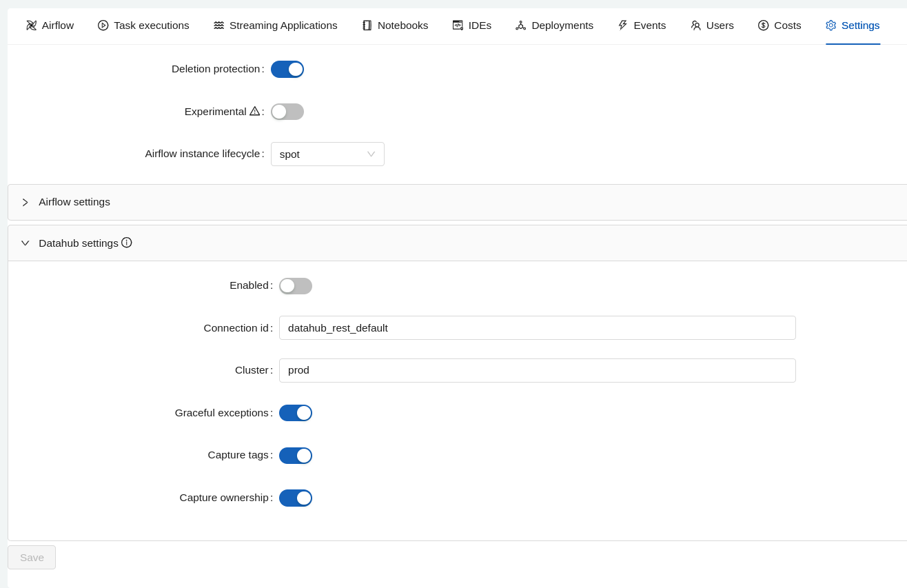 DataHub settings in the Conveyor UI